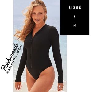 NWT Camille Kostek Long Sleeve One Piece Swimsuit in Light Black